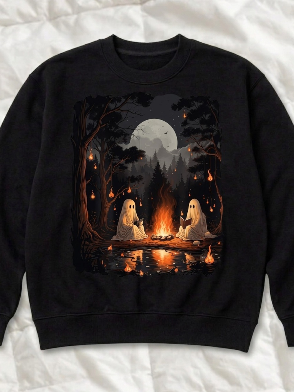 Black Men’s Halloween Graphic Sweatshirt - Ghost Campfire Design